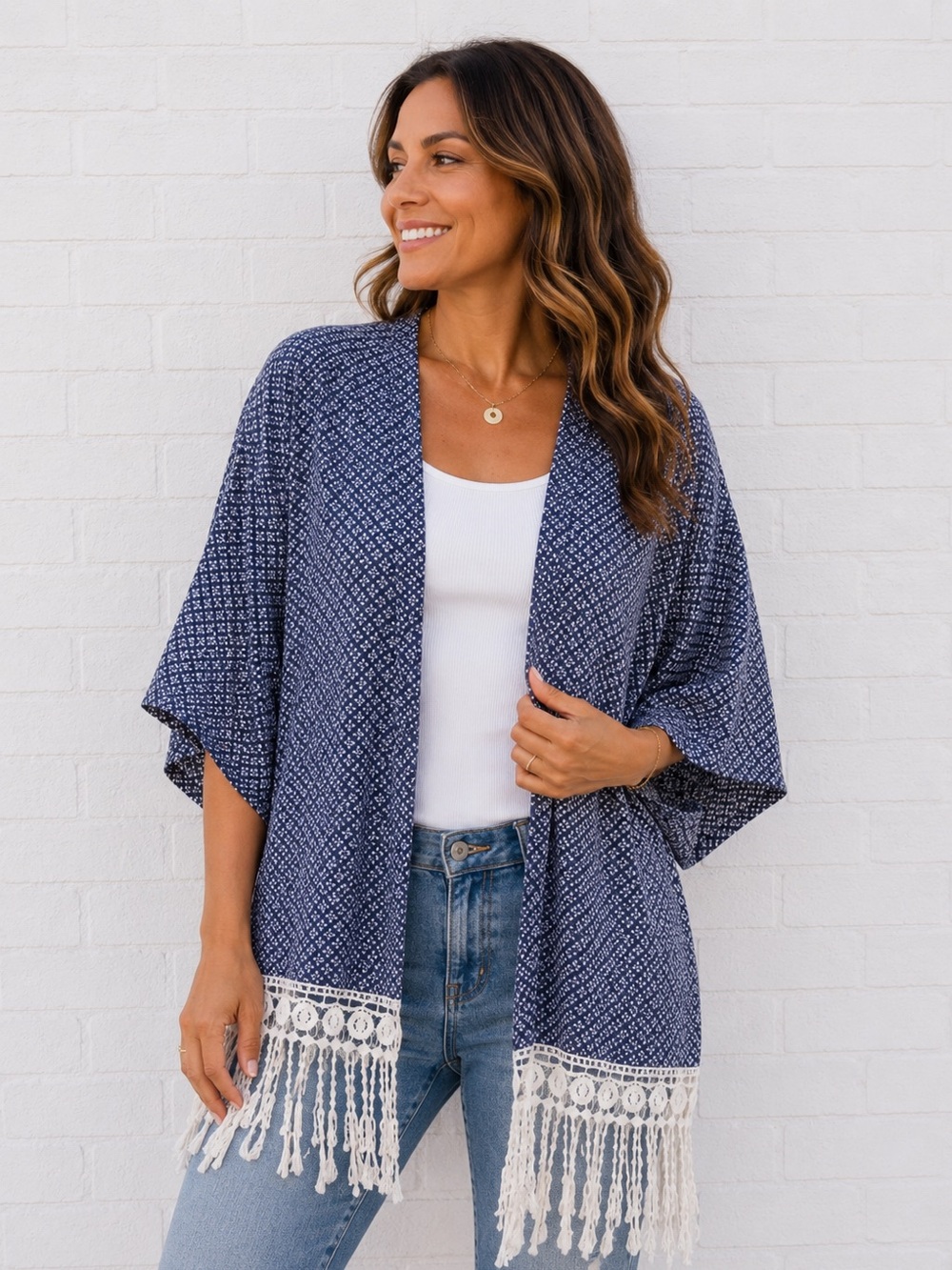 Blue White Boho Fringe Kimono XL Coastal Festival Cover Up